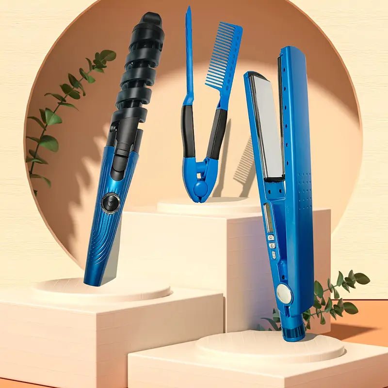 Set Profesional de Peinado 3 en 1 | Plancha, Rizador y Peine de Titanio | Cabello Liso o Ondulado sin Frizz